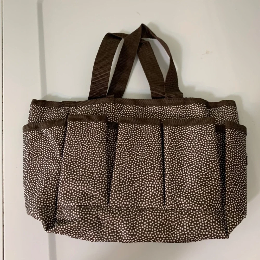Thirty-One Carry-All Caddy OS Brown Polka Dot Multi Pocket Organizer Tote Crafts